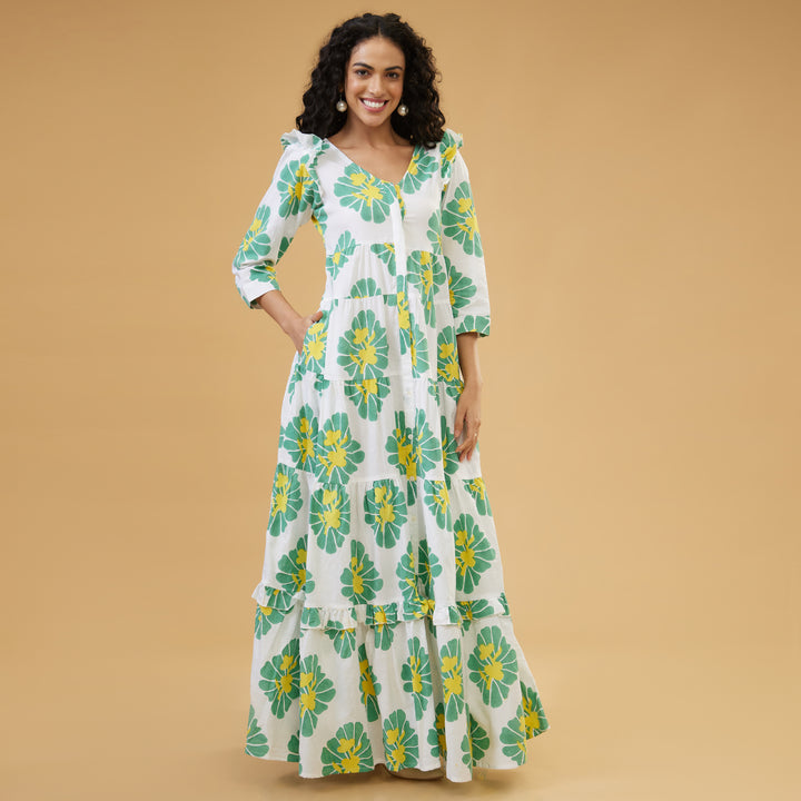 Zahara Green Flowy Long Dress - thesotr.com