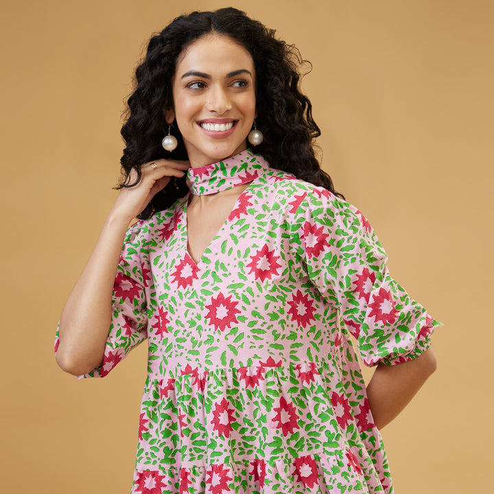 Nuru Pink Two Tiered Short Dress - thesotr.com