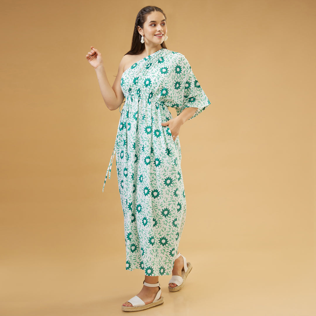 Nuru Green One Shoulder Long Dress - thesotr.com