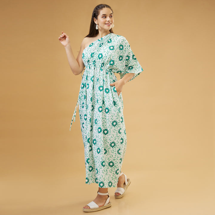 Nuru Green One Shoulder Long Dress - thesotr.com