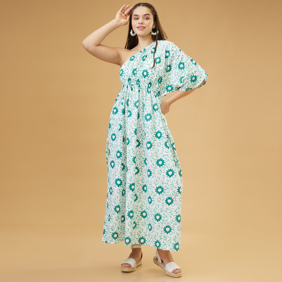Nuru Green One Shoulder Long Dress - thesotr.com