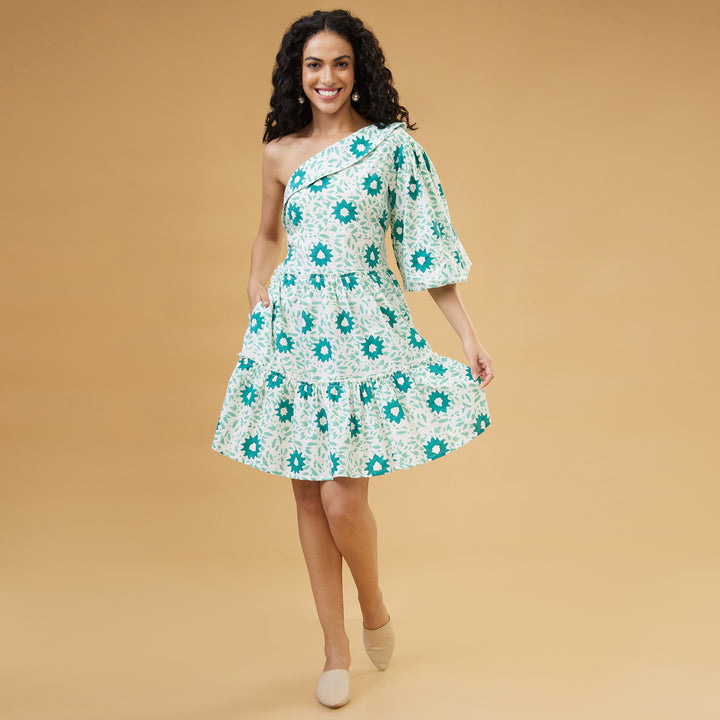 Nuru Green One Shoulder Short Dress - thesotr.com