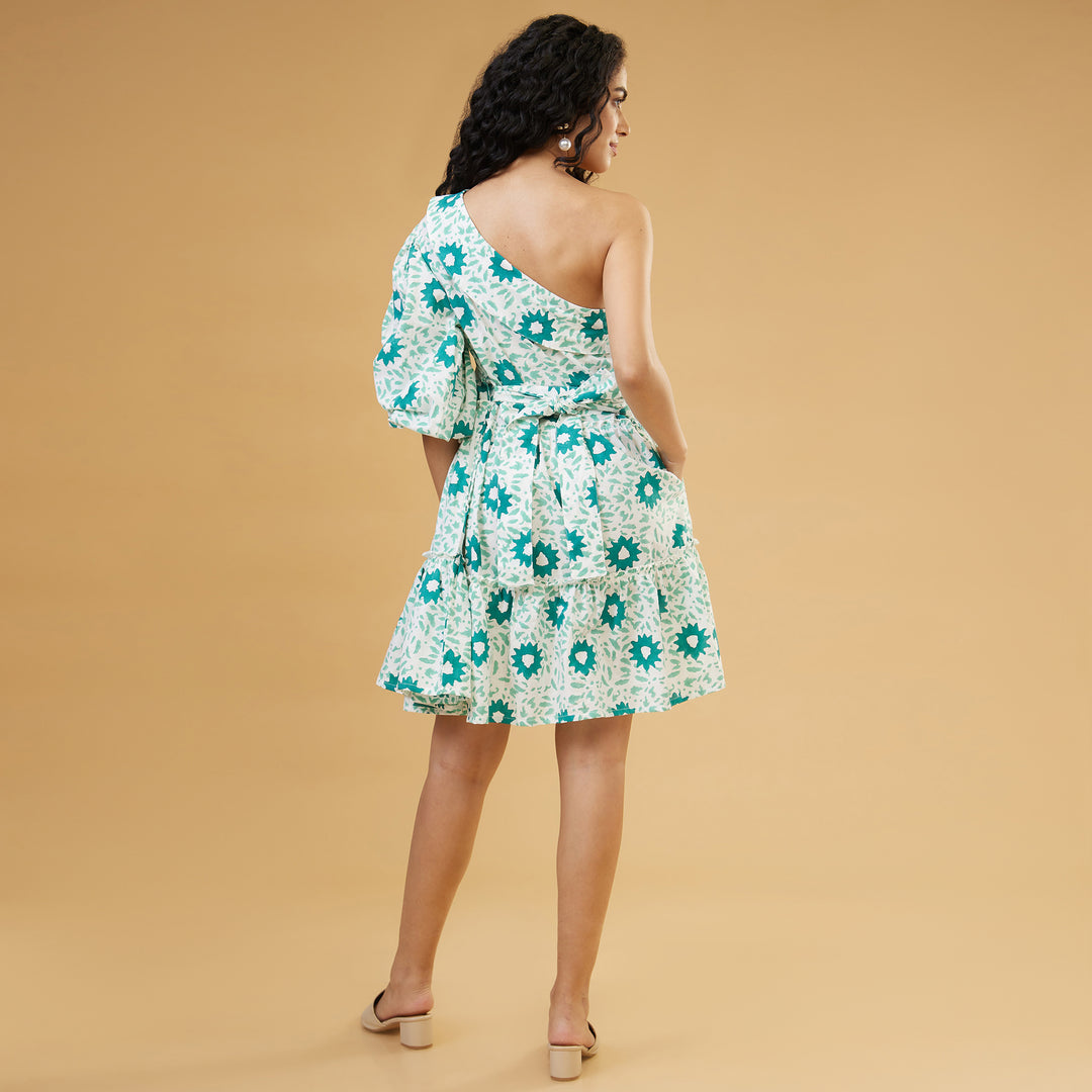 Nuru Green One Shoulder Short Dress - thesotr.com