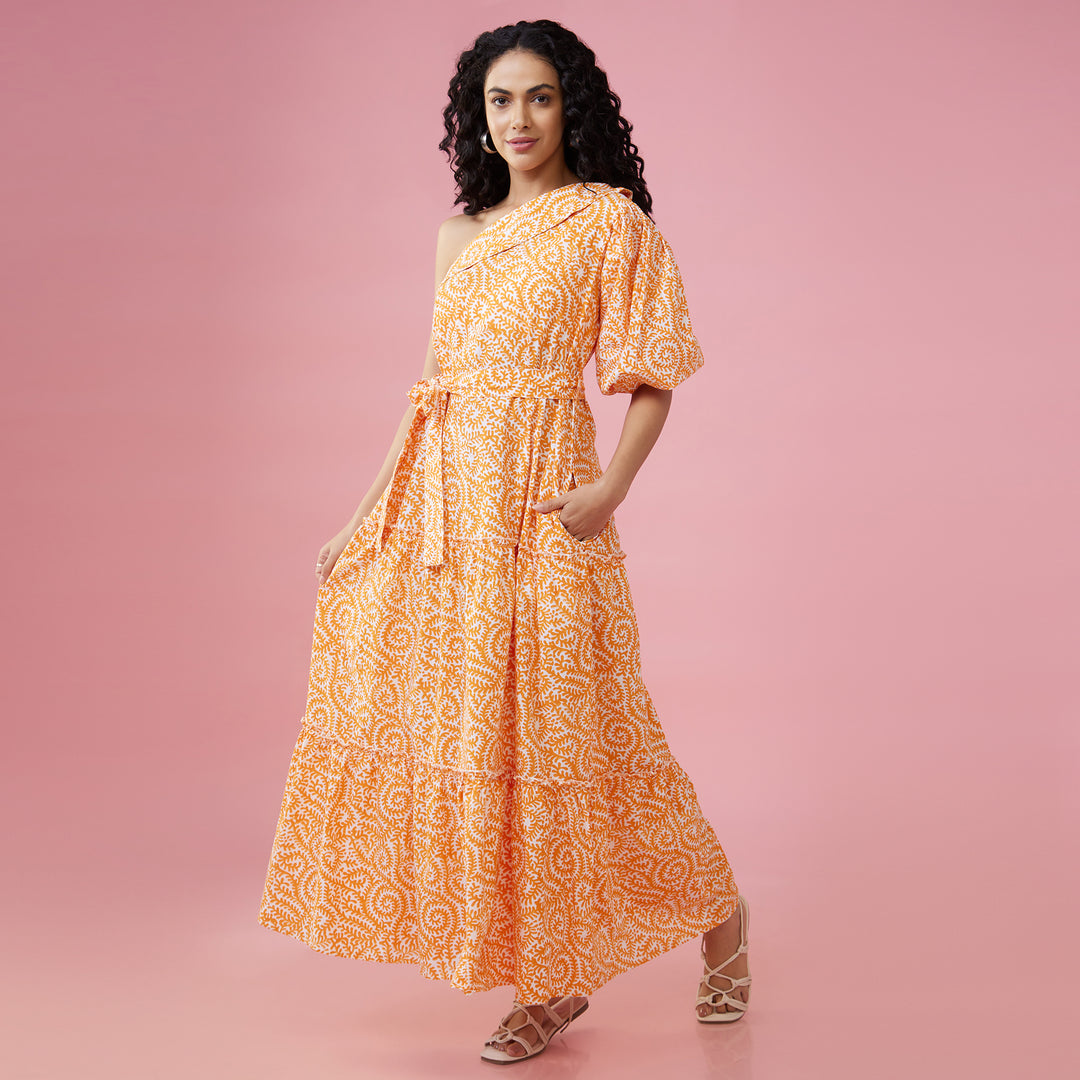 Jaal Orange One Shoulder Long Dress - thesotr.com