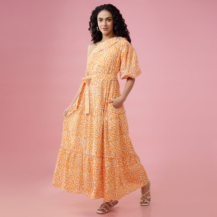 Jaal Orange One Shoulder Long Dress - thesotr.com