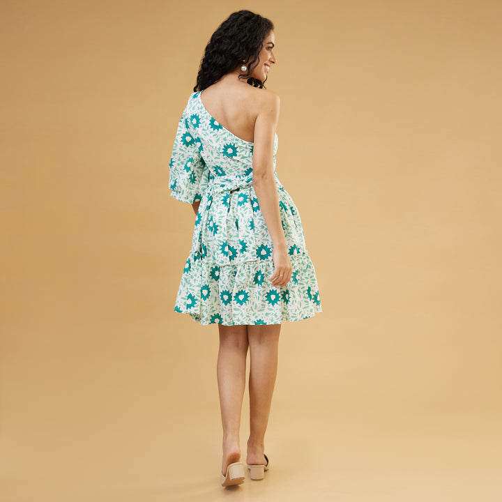 Nuru Green One Shoulder Short Dress - thesotr.com