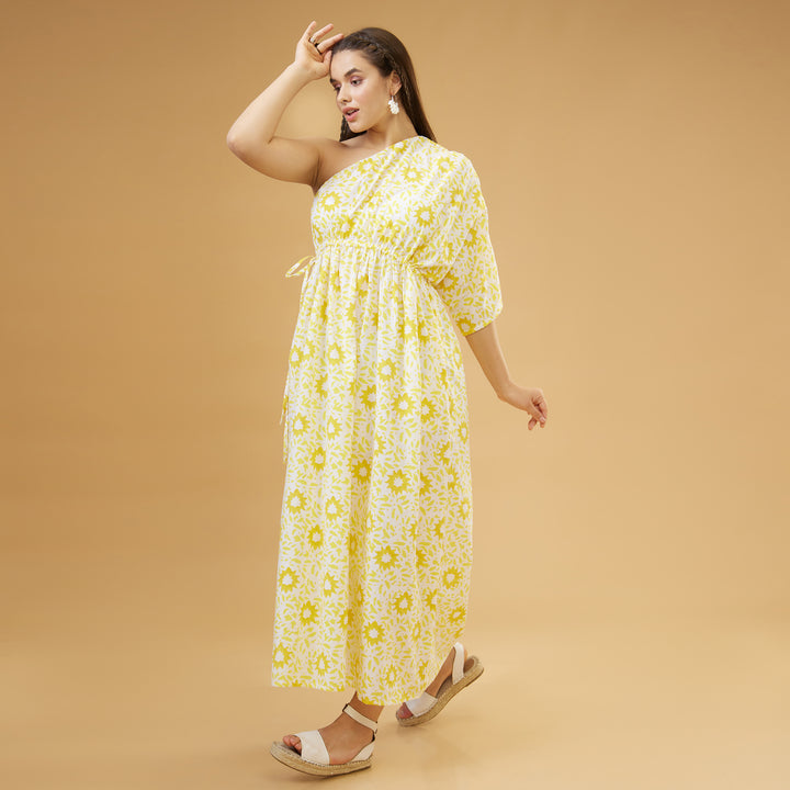 Nuru Yellow One Shoulder Long Dress - thesotr.com