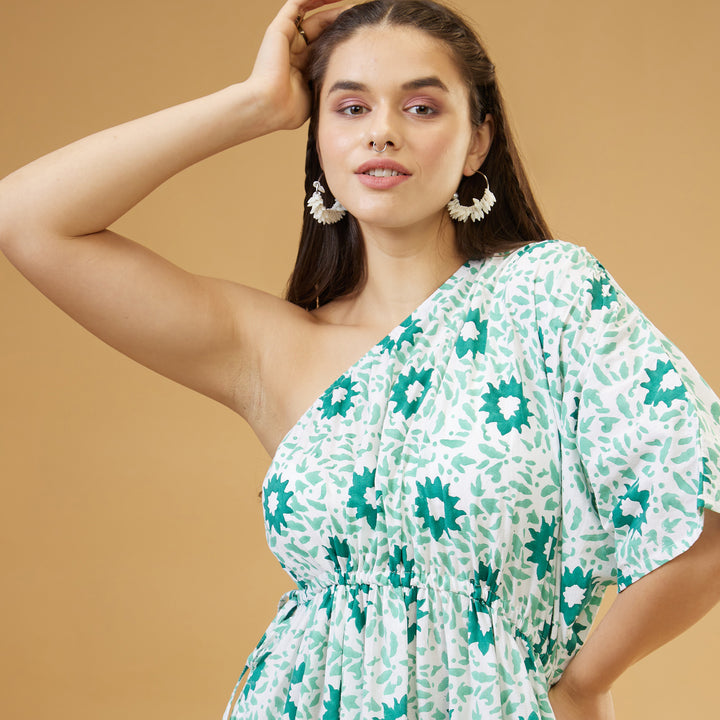 Nuru Green One Shoulder Long Dress - thesotr.com