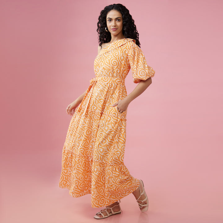 Jaal Orange One Shoulder Long Dress - thesotr.com