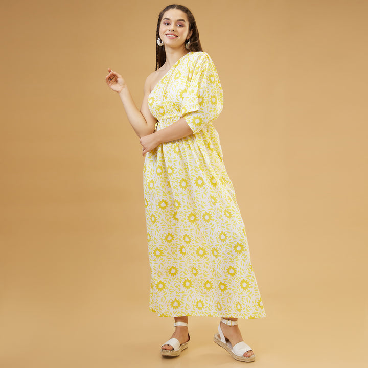 Nuru Yellow One Shoulder Long Dress - thesotr.com
