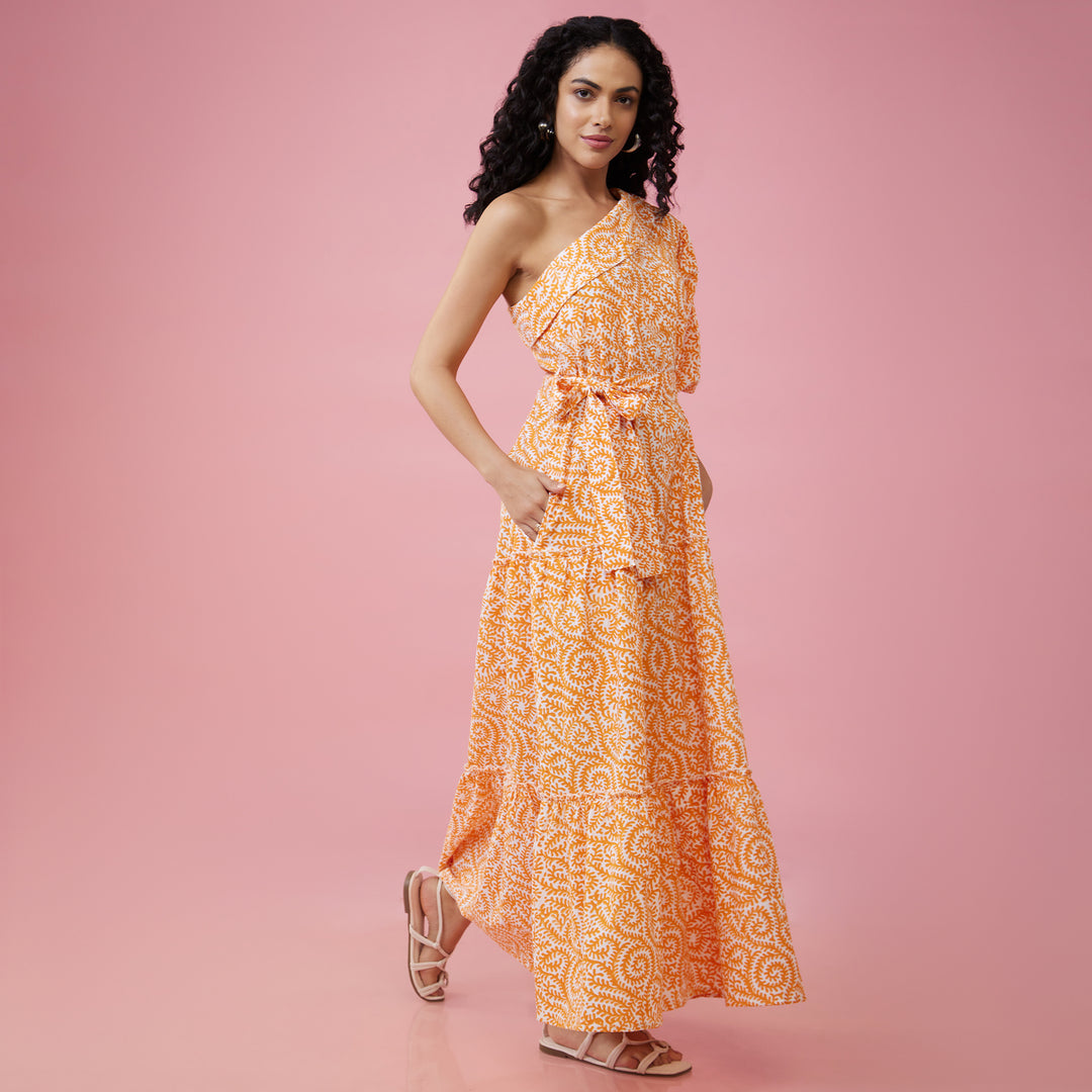 Jaal Orange One Shoulder Long Dress - thesotr.com