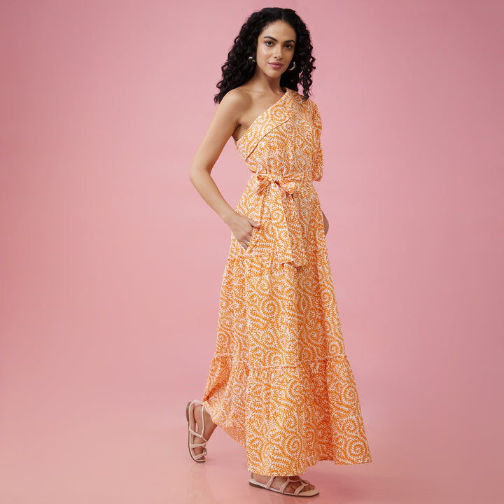 Jaal Orange One Shoulder Long Dress - thesotr.com