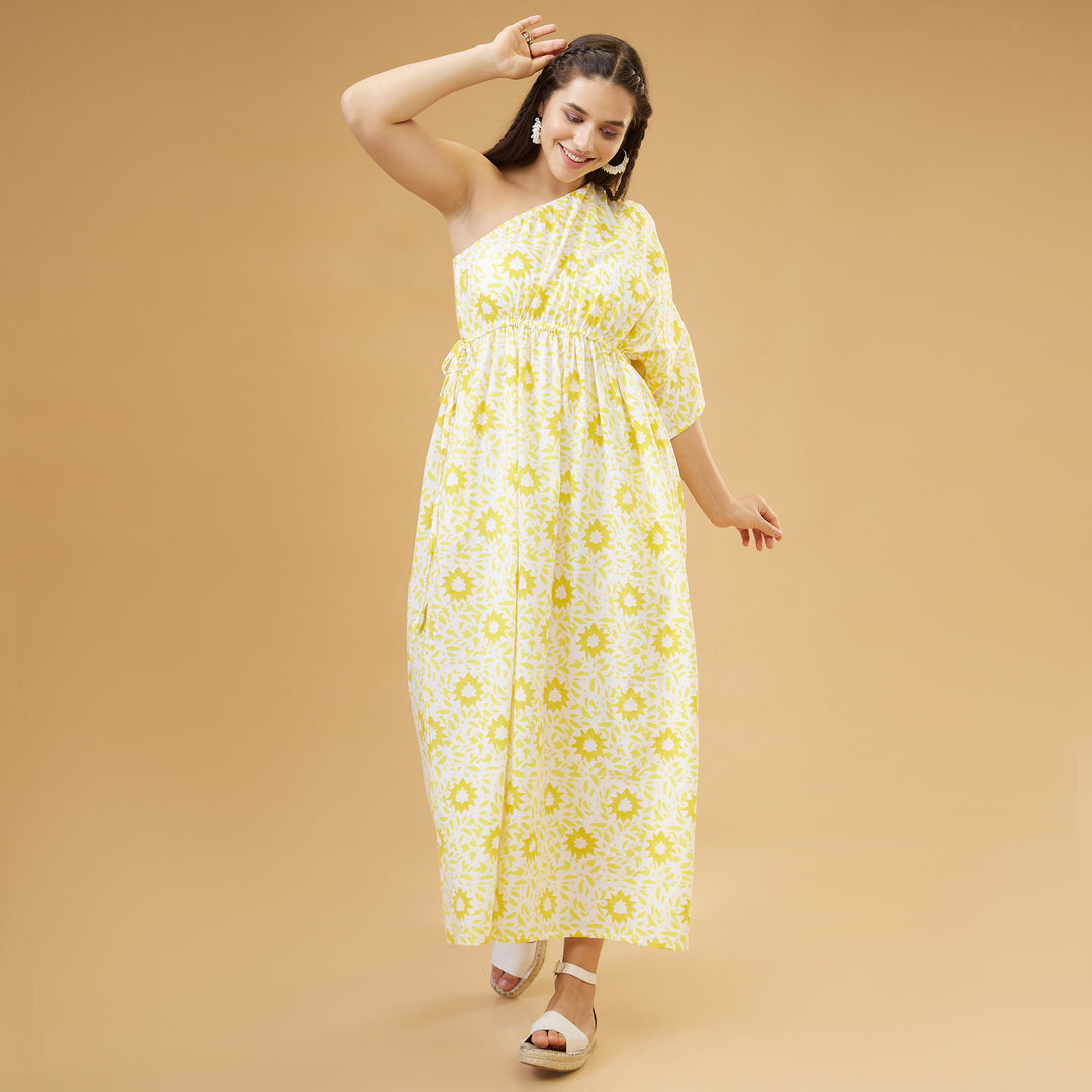 Nuru Yellow One Shoulder Long Dress - thesotr.com