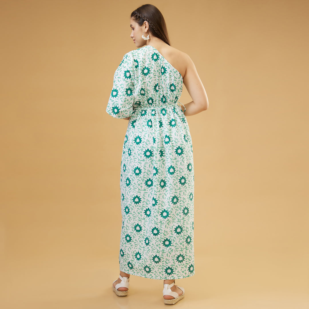 Nuru Green One Shoulder Long Dress - thesotr.com