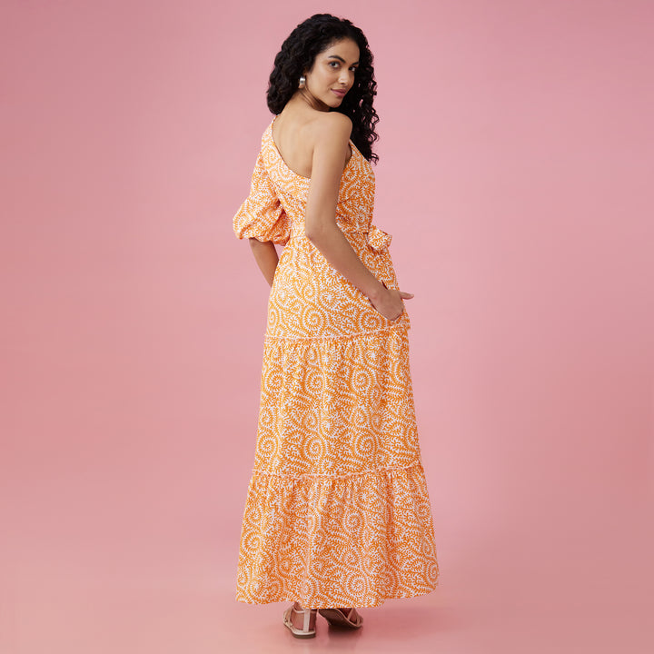 Jaal Orange One Shoulder Long Dress - thesotr.com