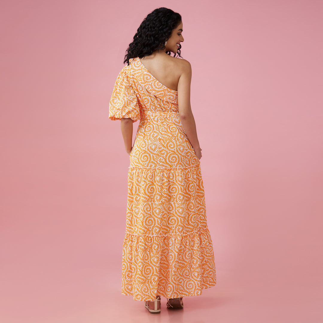Jaal Orange One Shoulder Long Dress - thesotr.com