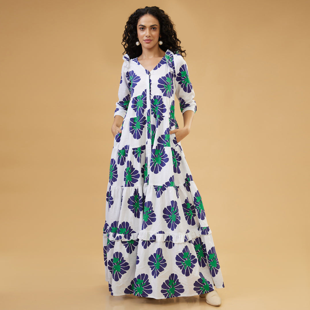 Zahara Blue Flowy Long Dress - thesotr.com