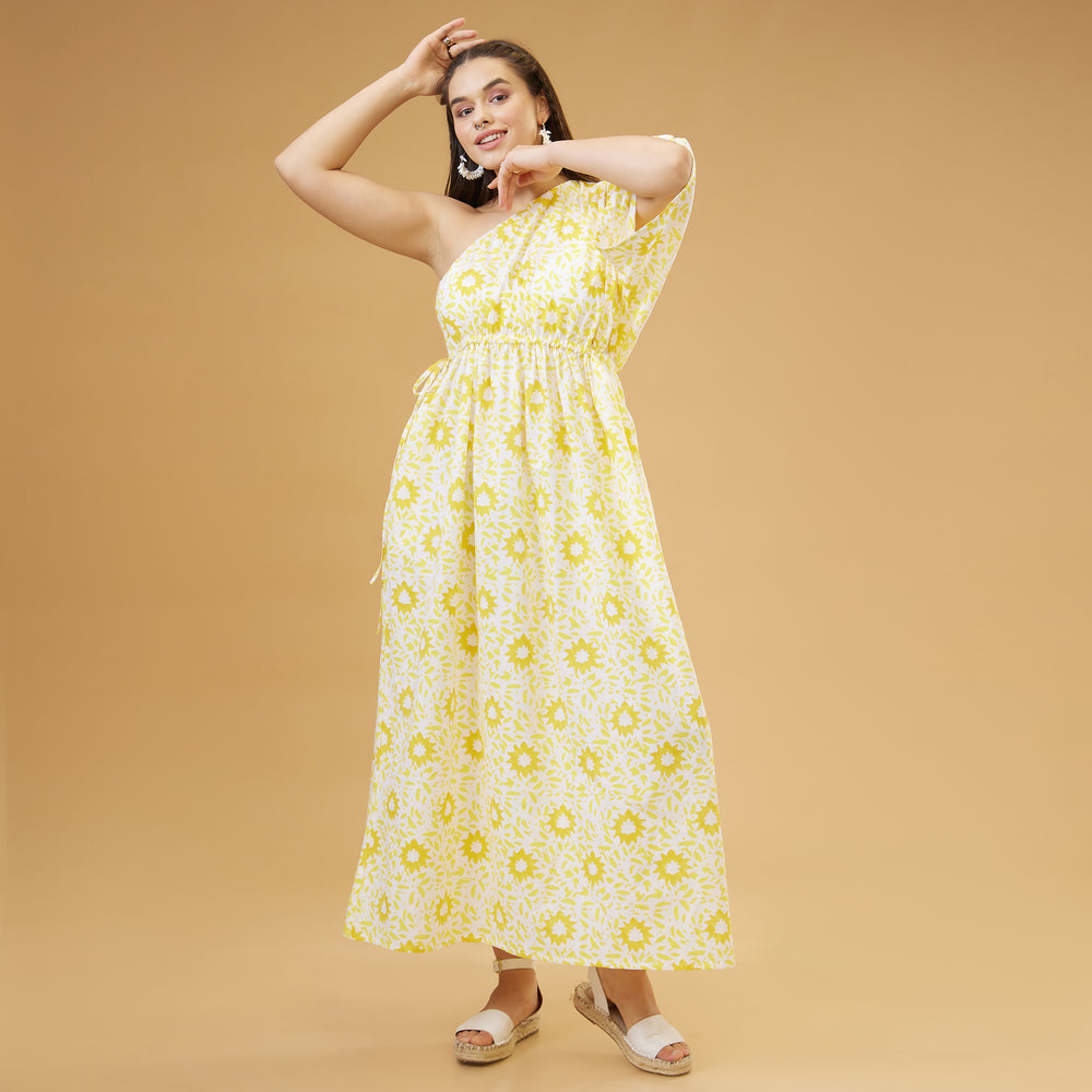 Nuru Yellow One Shoulder Long Dress - thesotr.com