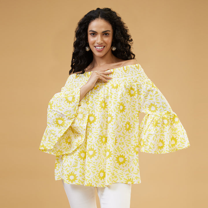 Nuru Yellow Off Shoulder Top - thesotr.com
