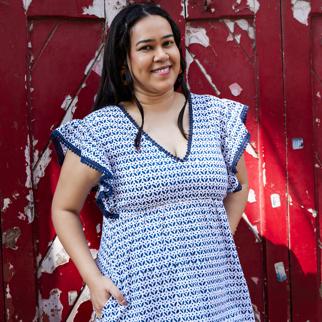 Leaf Flower Blue Cotton Short Dress