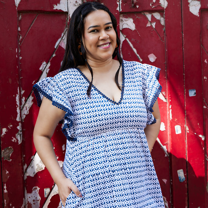 Leaf Flower Blue Cotton Short Dress