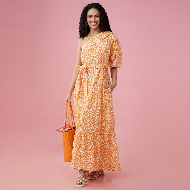 Jaal Orange One Shoulder Long Dress - thesotr.com