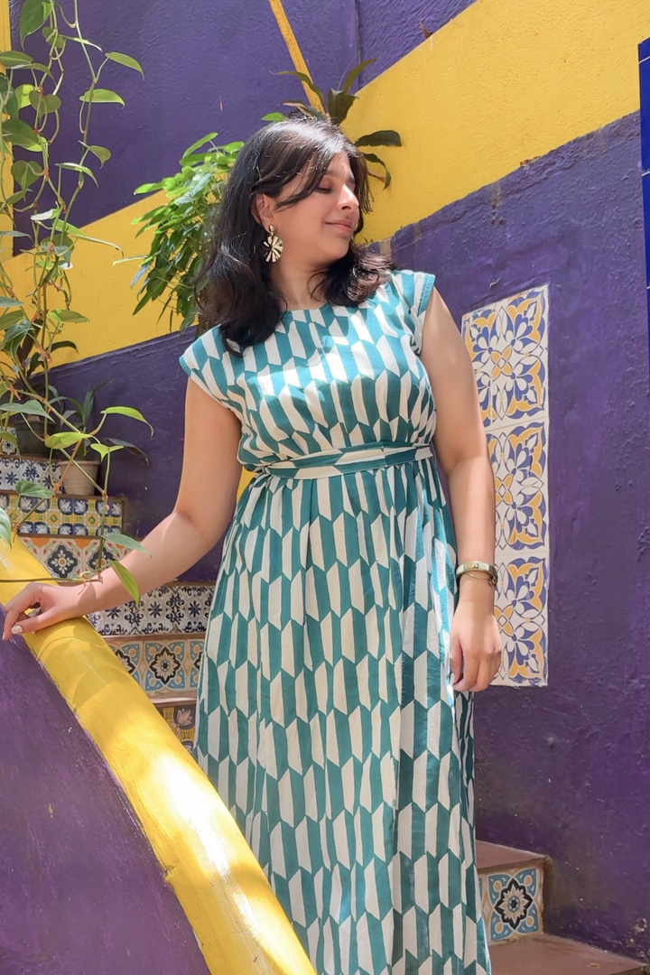 Geo - Side Slit Maxi Dress in Green [upto 3XL]