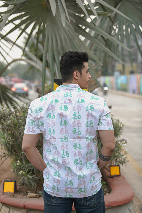 Scoot-o-licious Green Pink Relaxed Fit Short Sleeve Shirt
