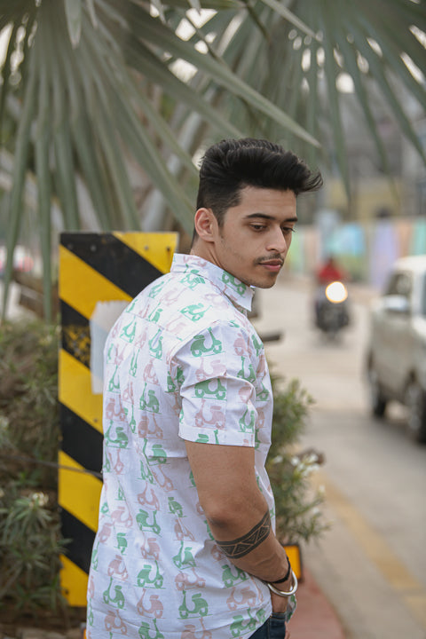 Scoot-o-licious Green Pink Relaxed Fit Short Sleeve Shirt