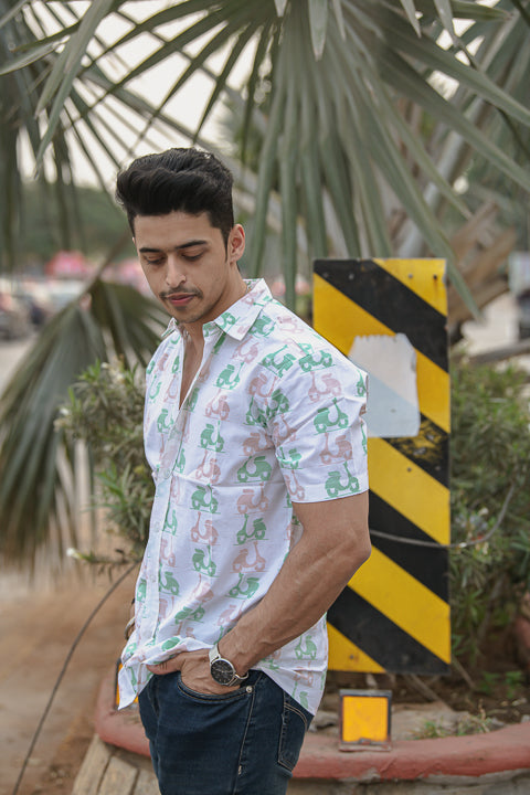 Scoot-o-licious Green Pink Relaxed Fit Short Sleeve Shirt