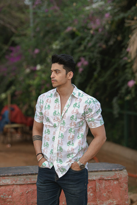 Scoot-o-licious Green Pink Relaxed Fit Short Sleeve Shirt