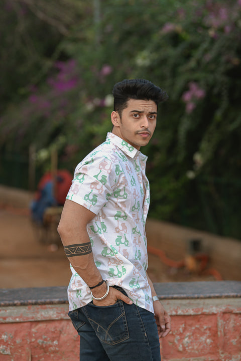 Scoot-o-licious Green Pink Relaxed Fit Short Sleeve Shirt