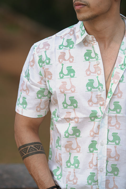 Scoot-o-licious Green Pink Relaxed Fit Short Sleeve Shirt