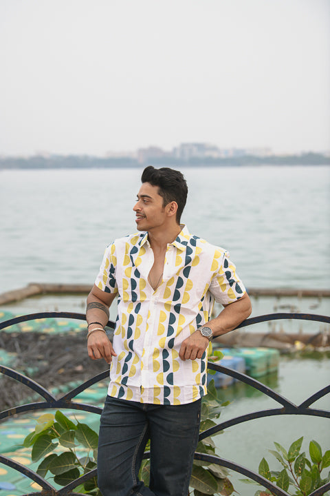 Adha Tika Yellow Blue Relaxed Fit Short Sleeve Shirt