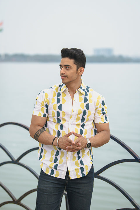 Adha Tika Yellow Blue Relaxed Fit Short Sleeve Shirt