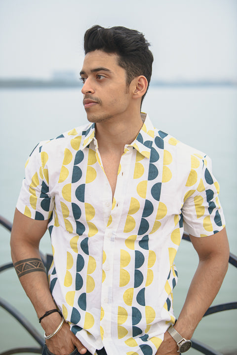 Adha Tika Yellow Blue Relaxed Fit Short Sleeve Shirt