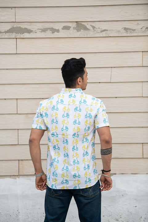 Scoot-O-Licious Yellow Blue Relaxed Fit Short Sleeve Shirt