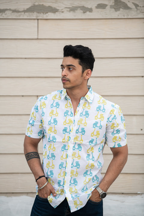Scoot-O-Licious Yellow Blue Relaxed Fit Short Sleeve Shirt