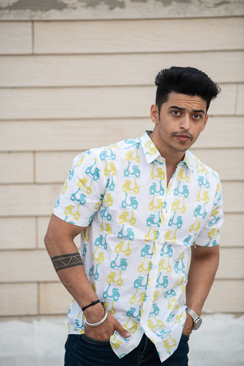 Scoot-O-Licious Yellow Blue Relaxed Fit Short Sleeve Shirt