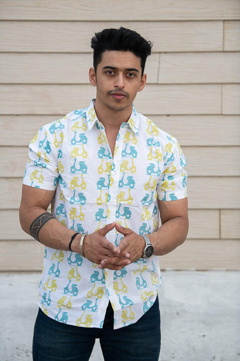 Scoot-O-Licious Yellow Blue Relaxed Fit Short Sleeve Shirt